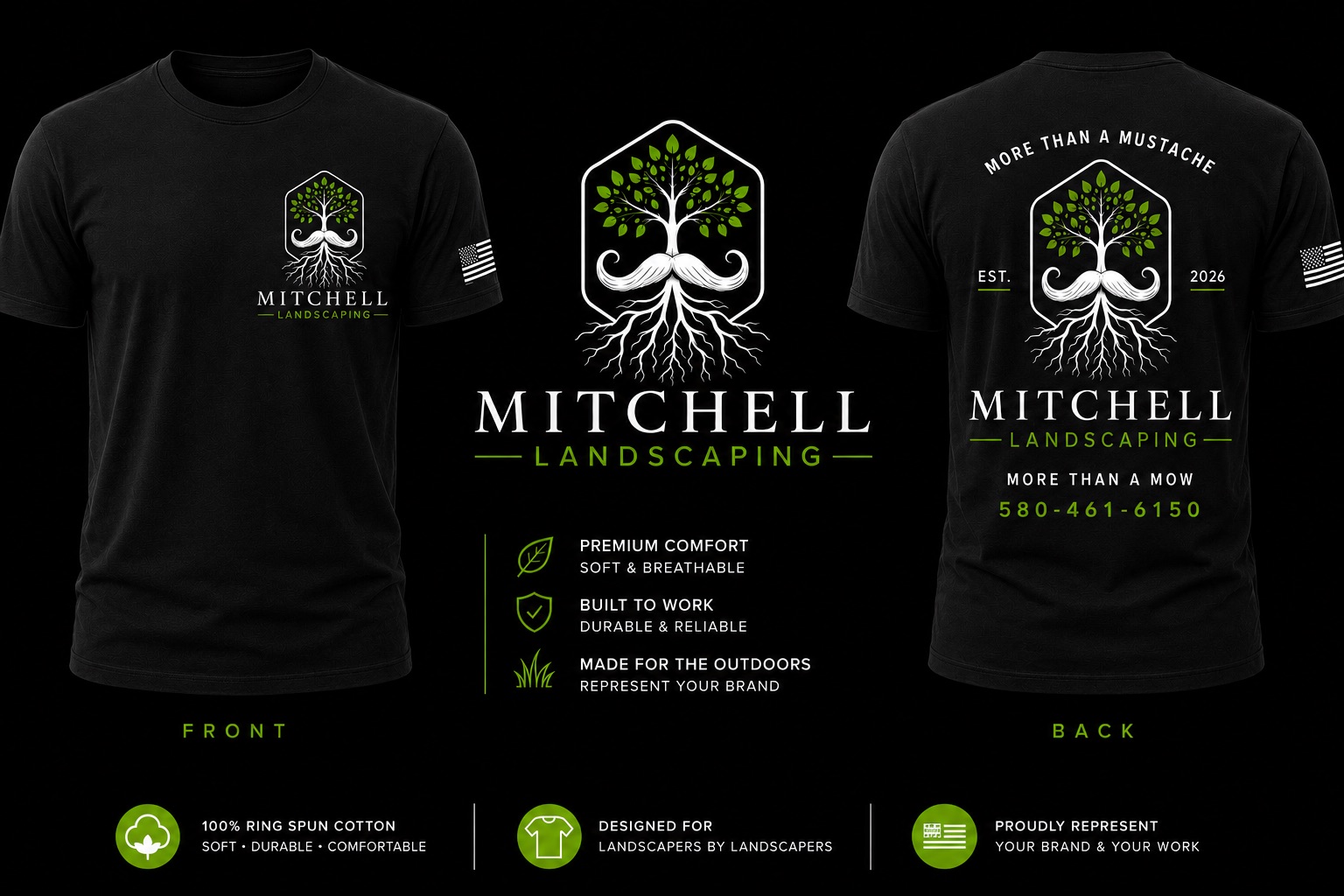 Black Mitchell Landscaping tee, front and back