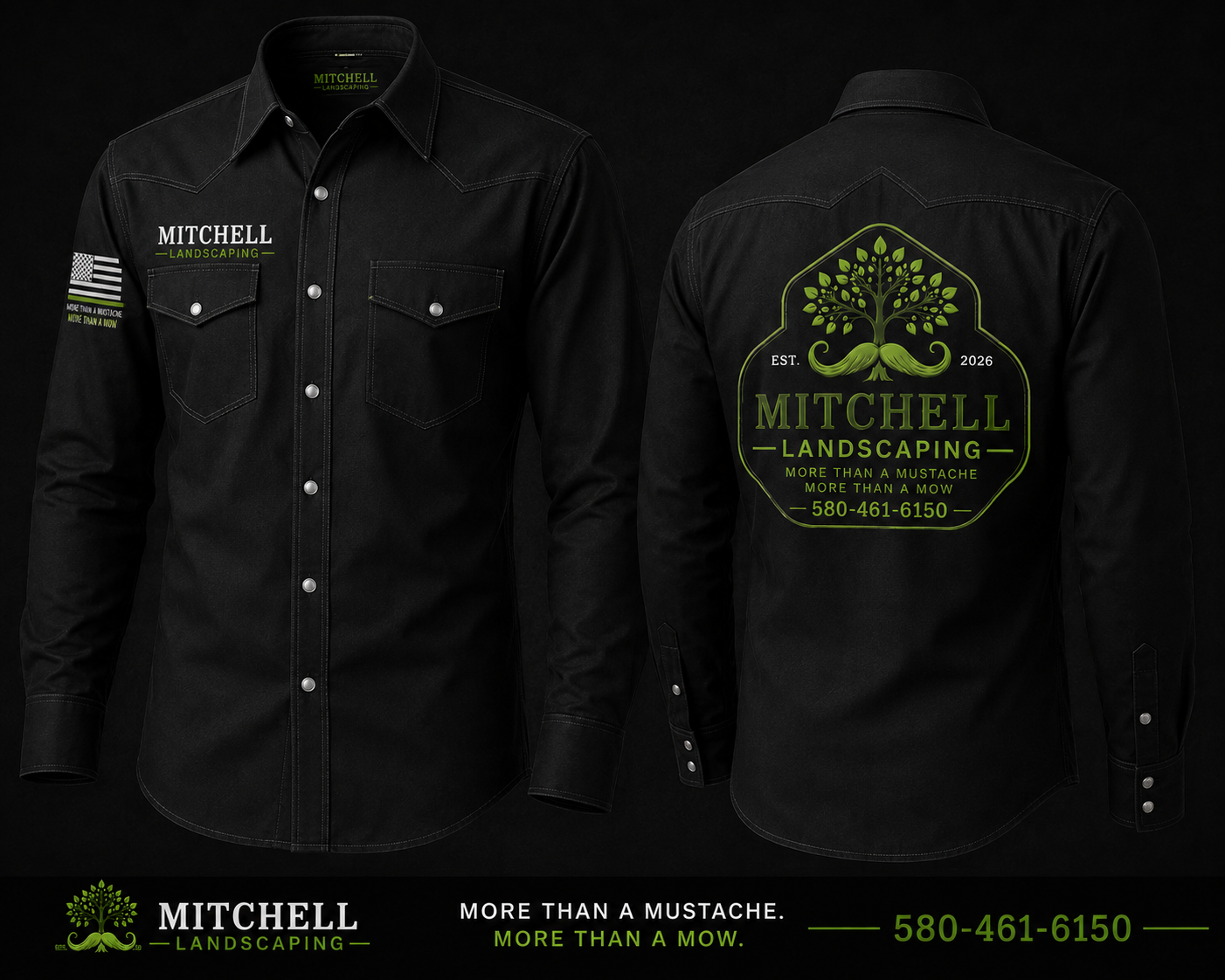 Black Mitchell Landscaping button-up work shirt, front and back