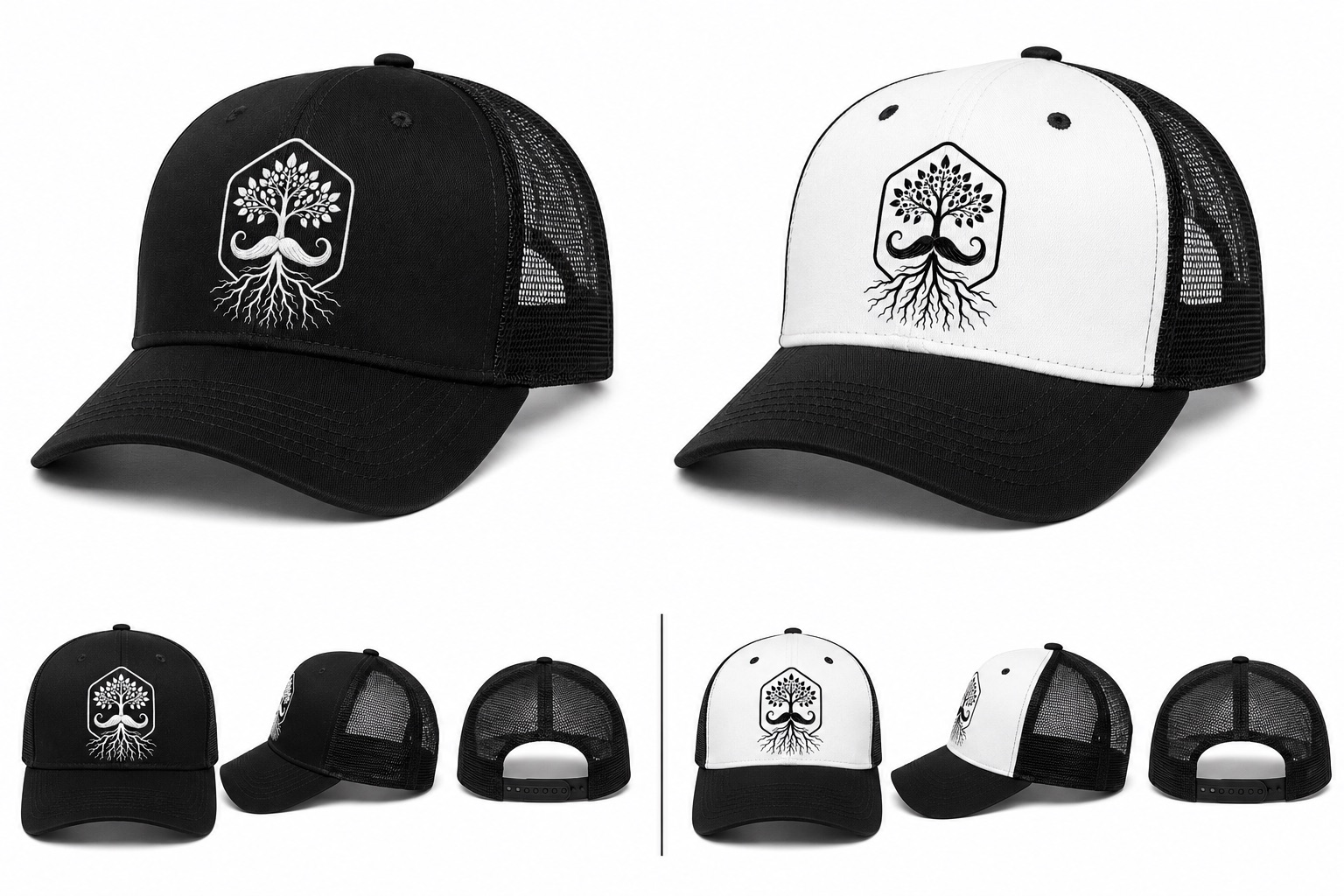 Mitchell Landscaping trucker hats in black and white